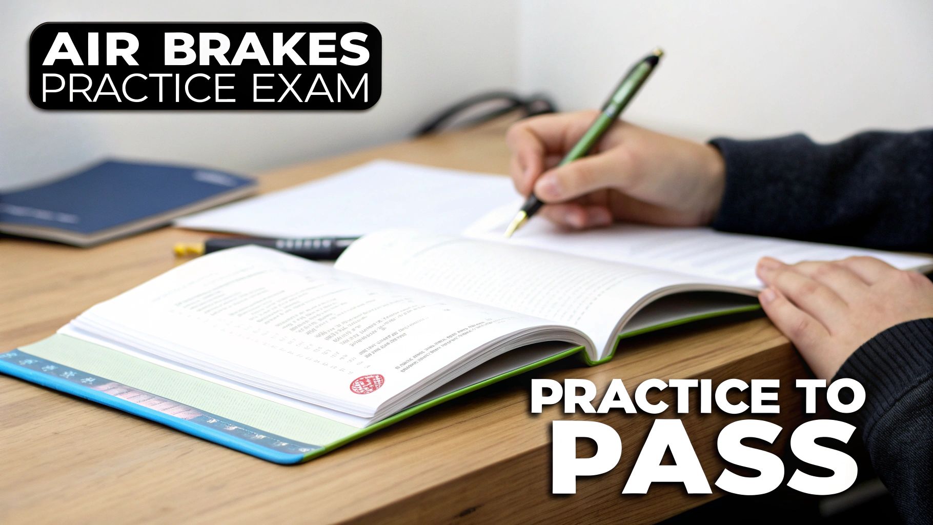 Student studying for an Air Brakes Practice Exam, writing in a book on a wooden desk.