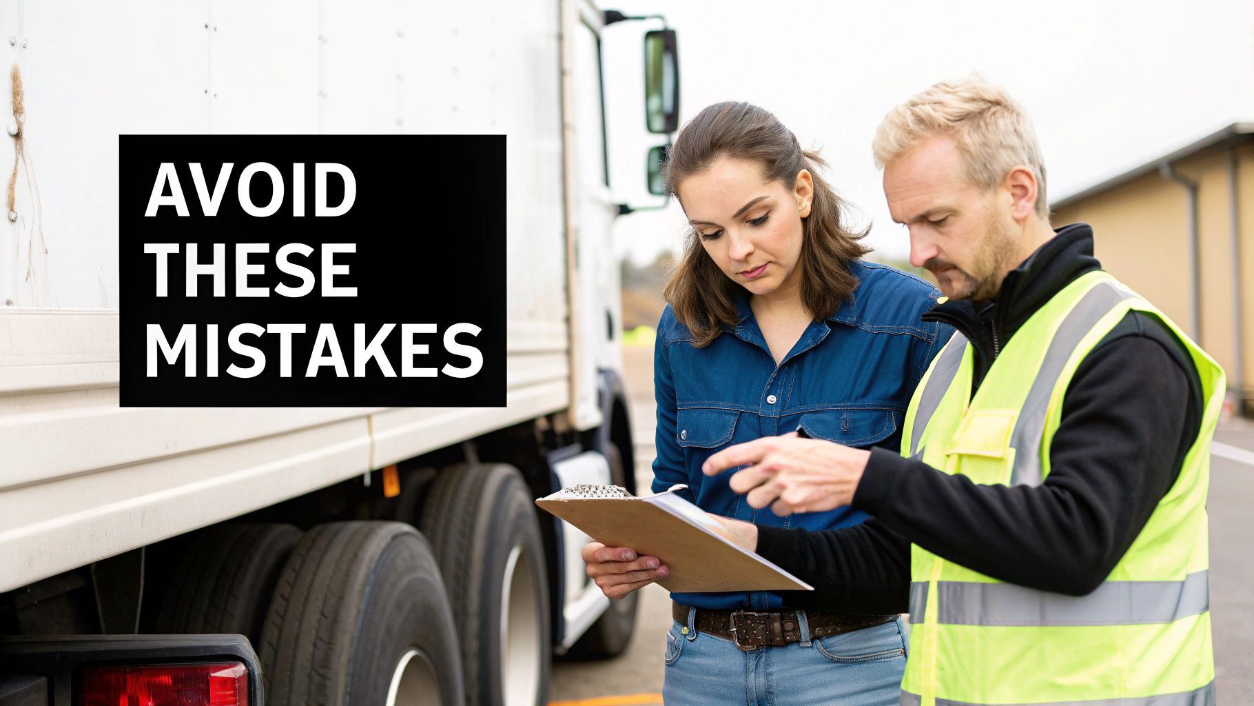 Man in safety vest instructing a woman holding a clipboard next to a large truck, with text 'AVOID THESE MISTAKES'.