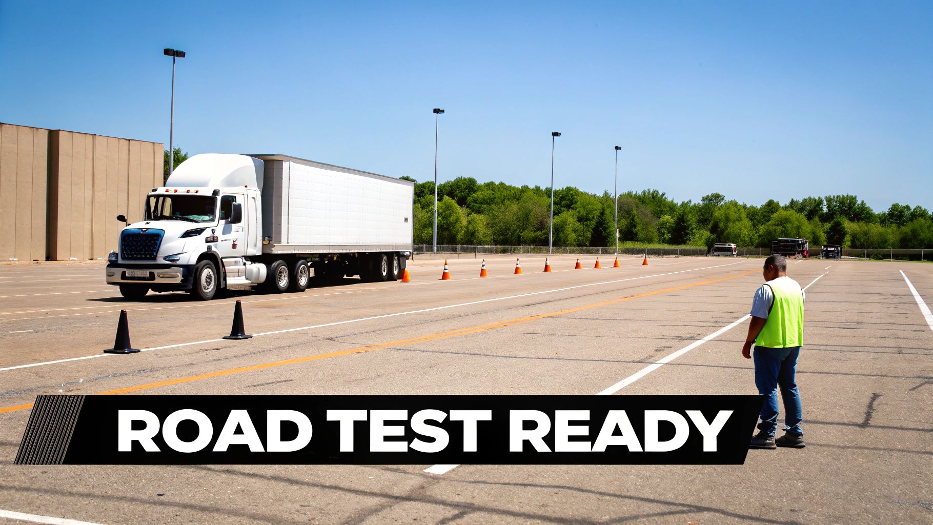 A white semi-truck and trailer on a driving course with cones, supervised by a man in a safety vest.