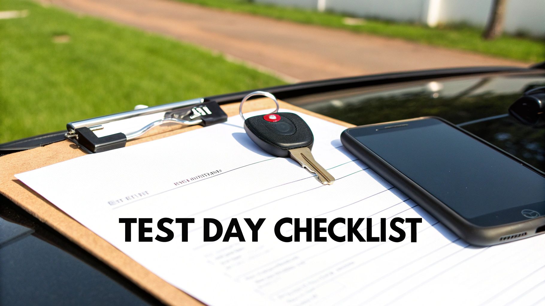 Driving test preparation items including a checklist, car key, and phone on a car.