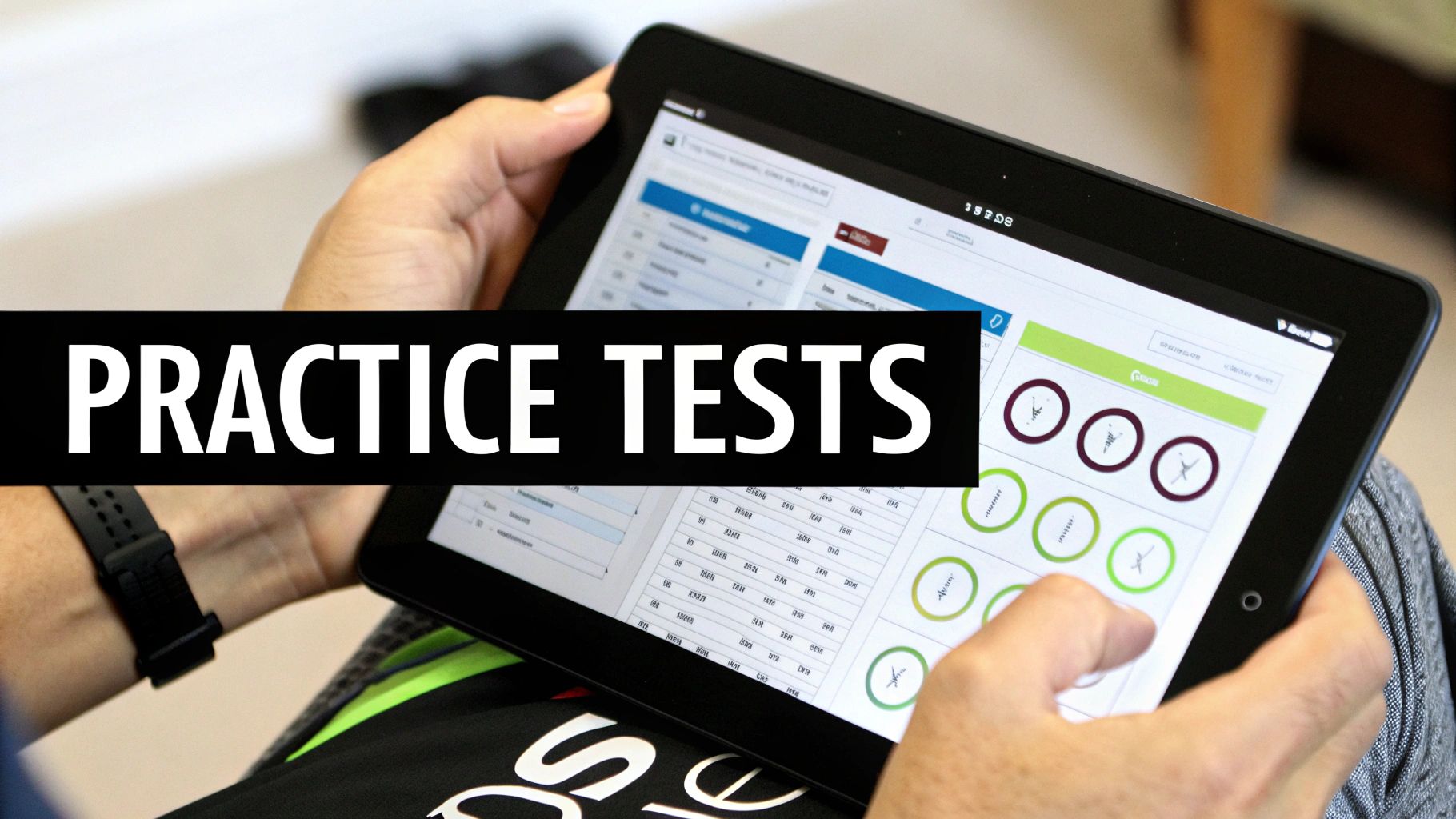 A person taking an online permit practice test on a tablet.