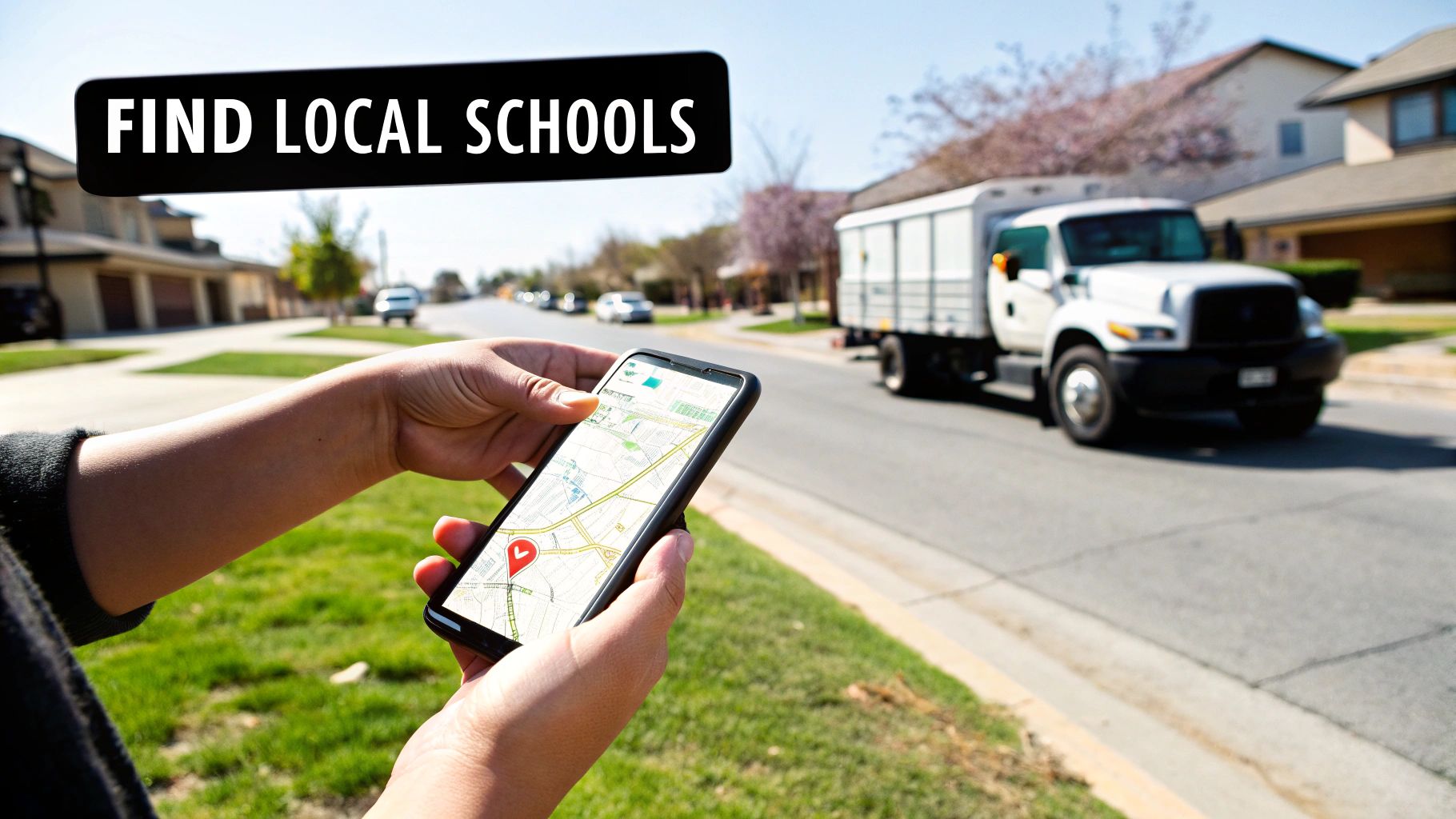 Hands holding a smartphone displaying a map to find local schools in a suburban neighborhood.