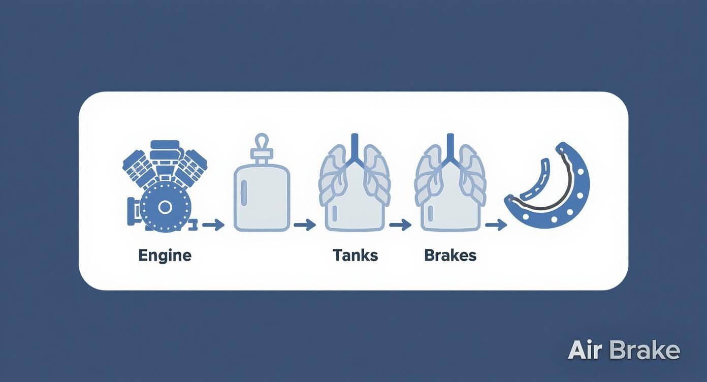Diagram illustrating the components and flow of an air brake system from engine to brakes.