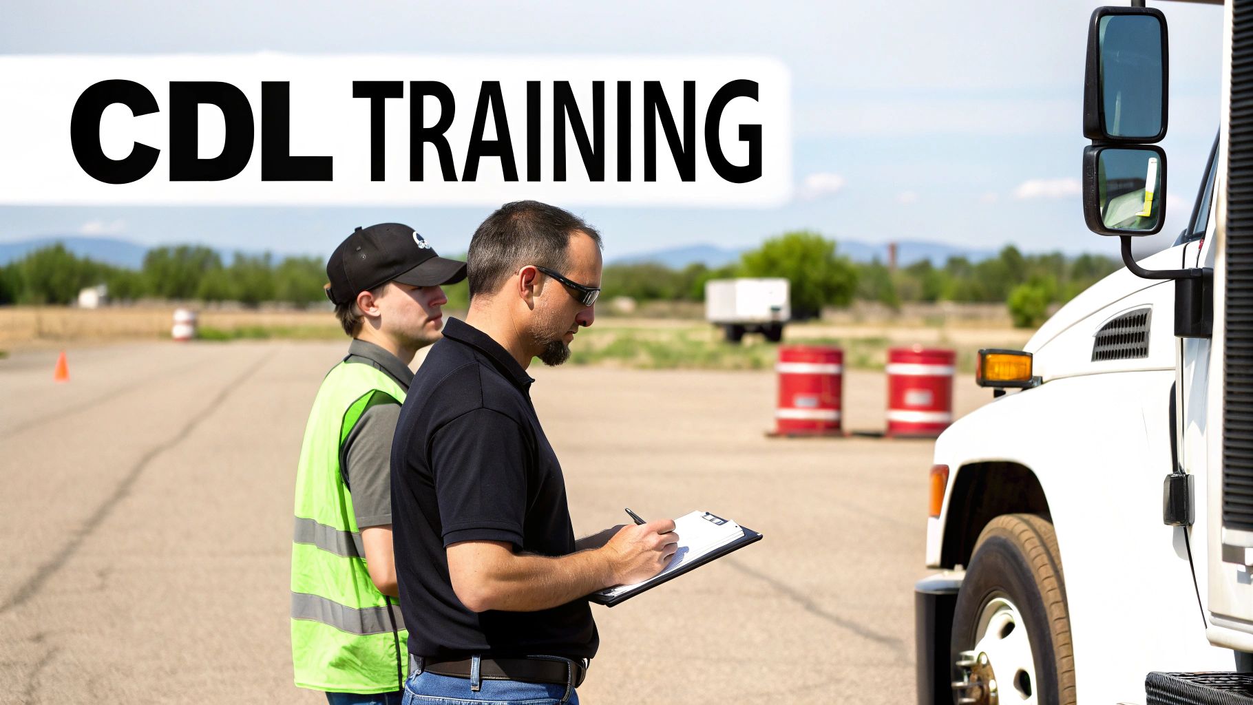 Two men on a paved lot, one instructor writing on a clipboard for a student during CDL truck training.