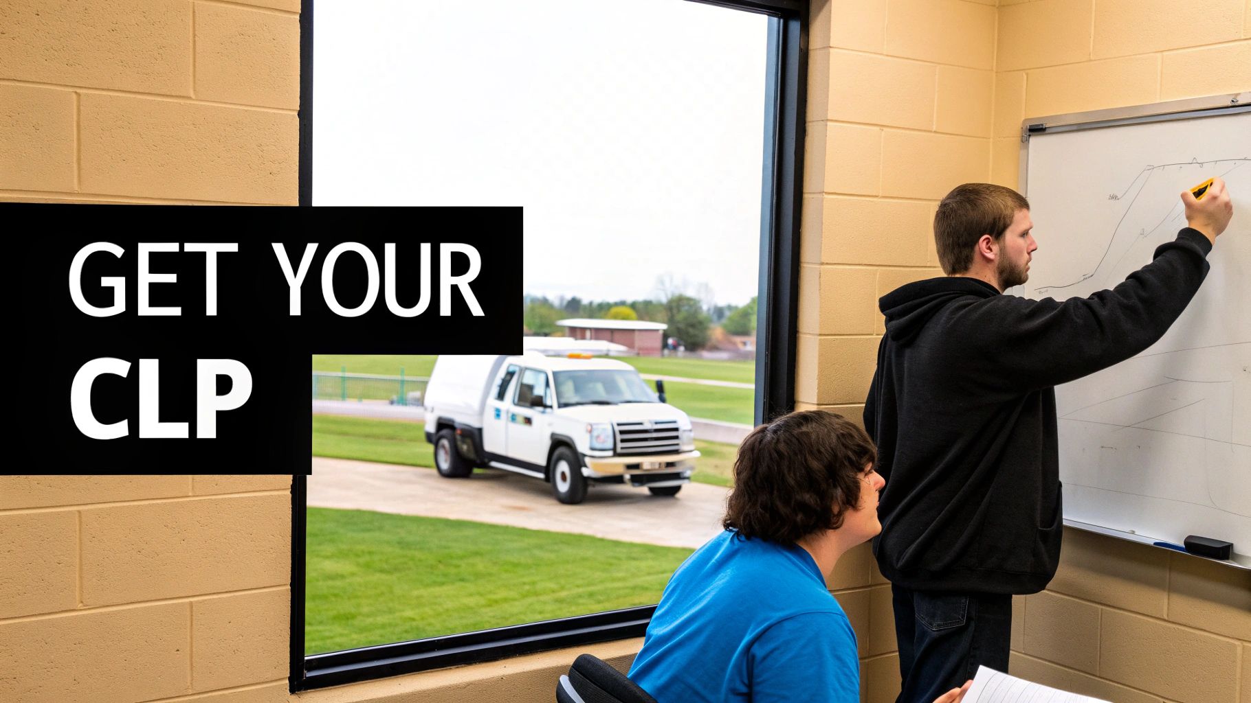 Two male students in a classroom, one writing on a whiteboard, next to a 'GET YOUR CLP' overlay.