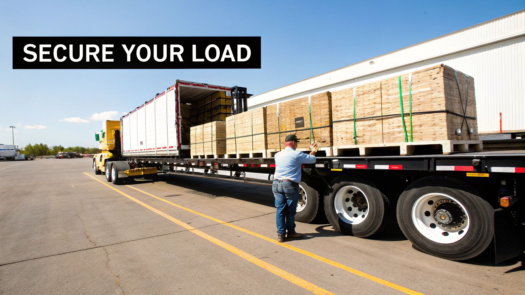 A truck driver secures cargo with straps on a flatbed trailer.
