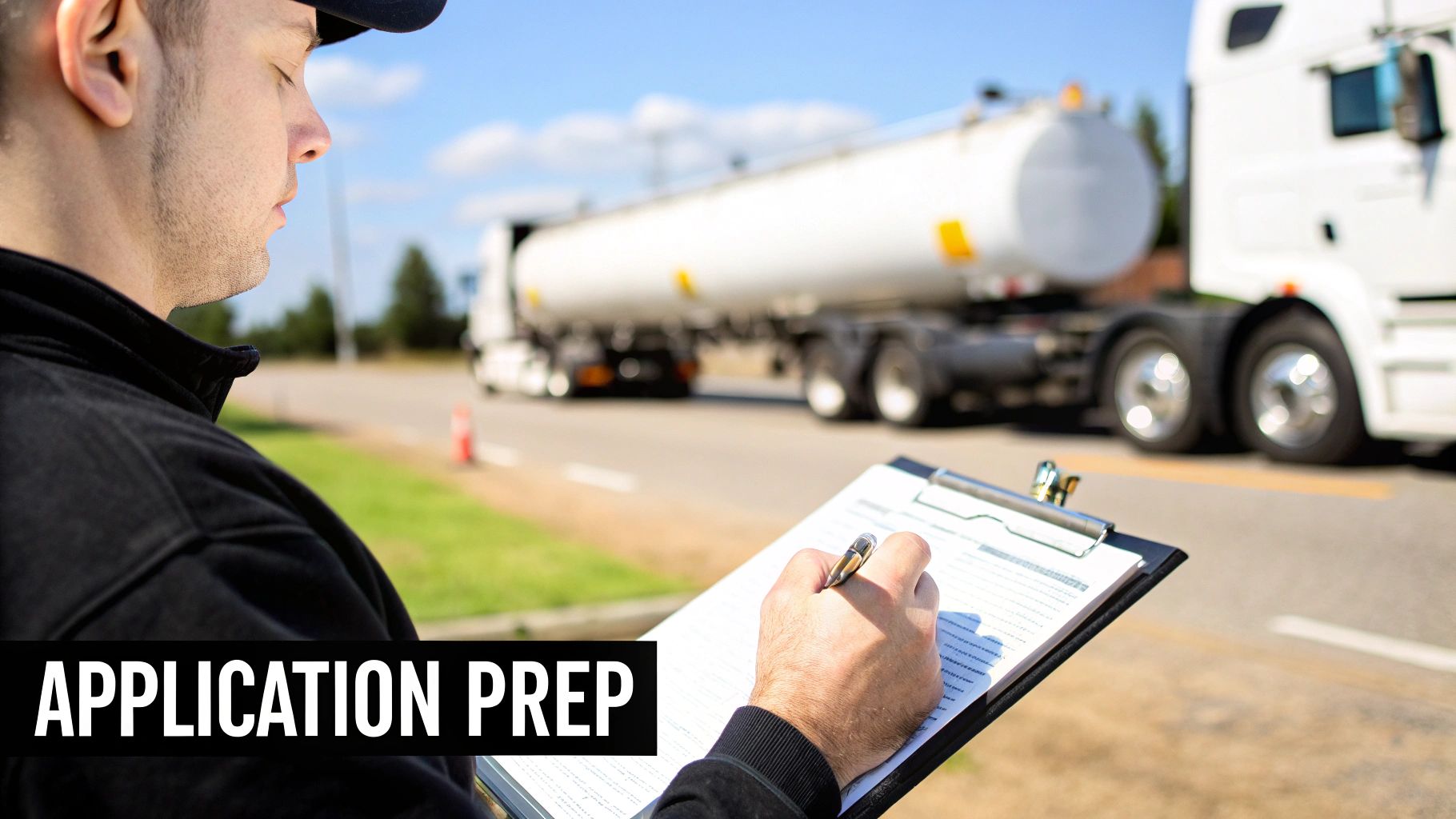 A truck driver reviewing paperwork next to their commercial vehicle, preparing their application.