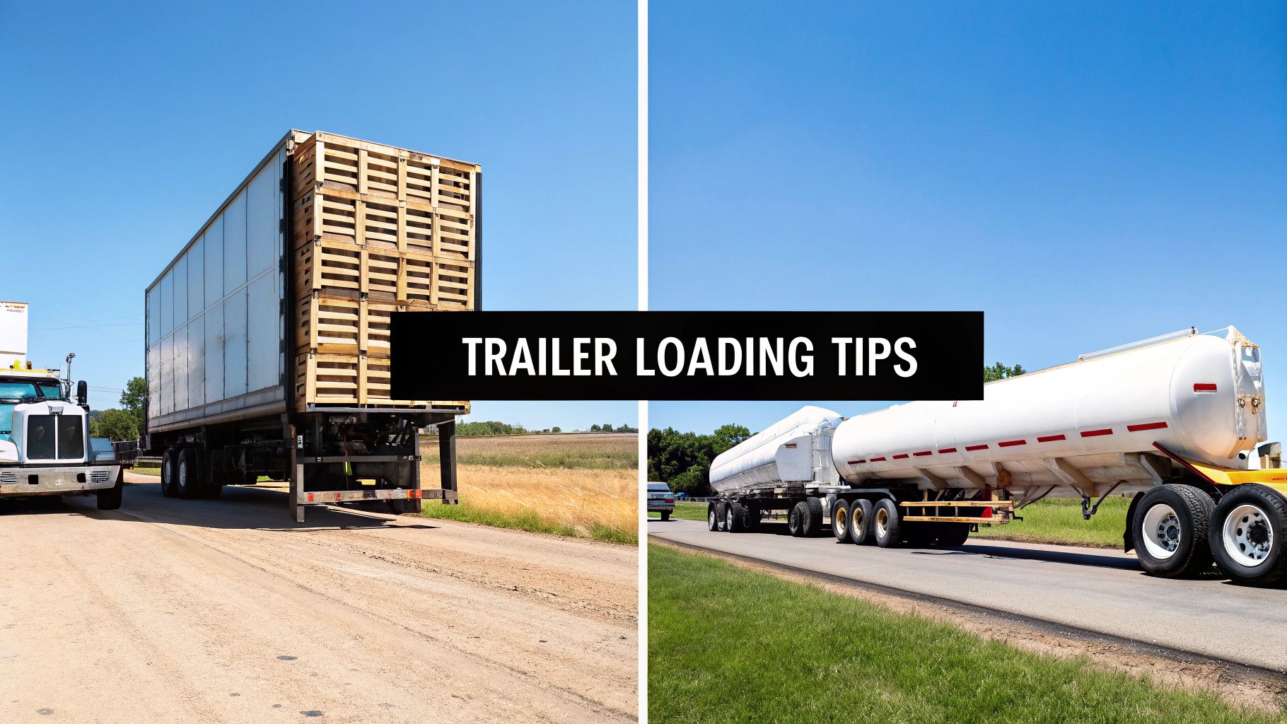 A split image showing a pallet-loaded semi-trailer and a tanker trailer with 'TRAILER LOADING TIPS' text.