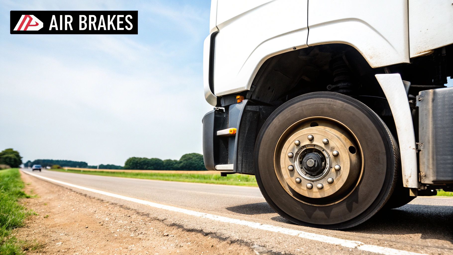 A close-up of a white semi-truck's front wheel and cab, parked on a rural road shoulder.