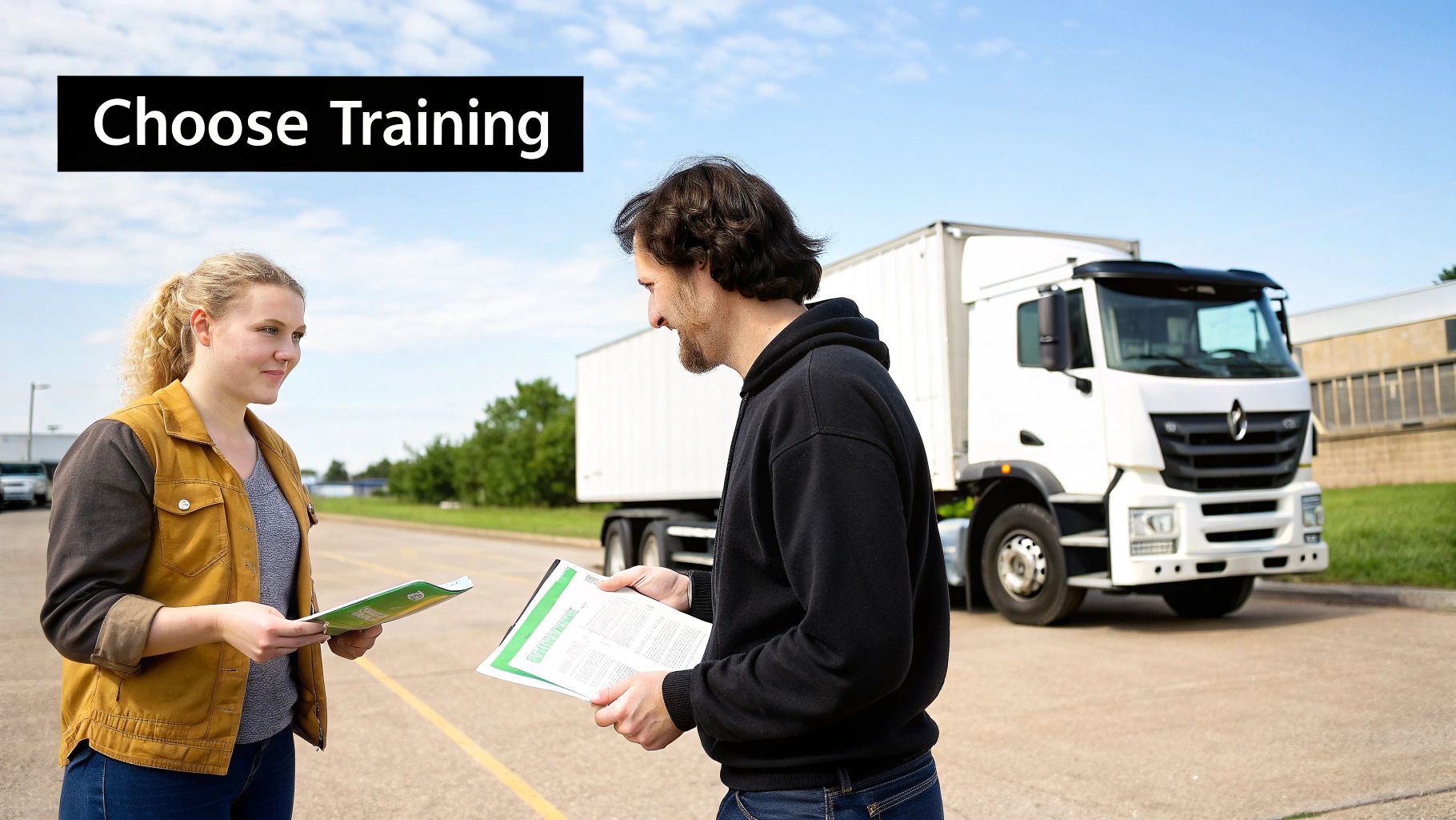 Two people discussing training documents near a large white semi-truck, under a blue sky.
