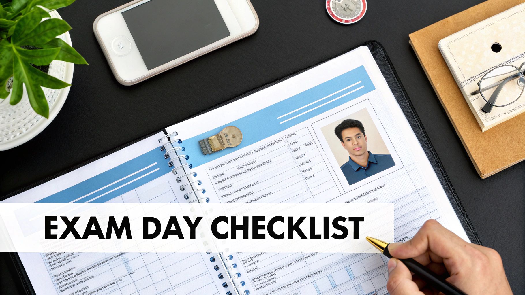A flat lay shows an exam day checklist notebook with a passport photo, pen, smartphone, and glasses on a black desk.