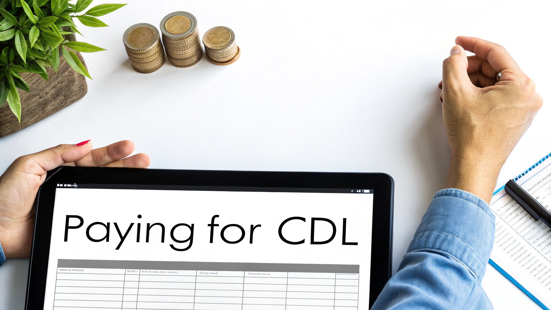Hands holding a tablet displaying 'Paying for CDL' next to stacks of euro coins on a white desk.