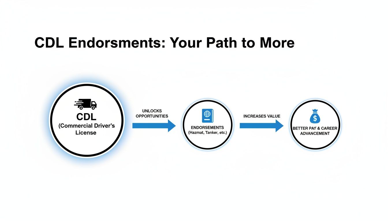 Infographic demonstrating the path from CDL to endorsements, leading to better pay and career advancement.