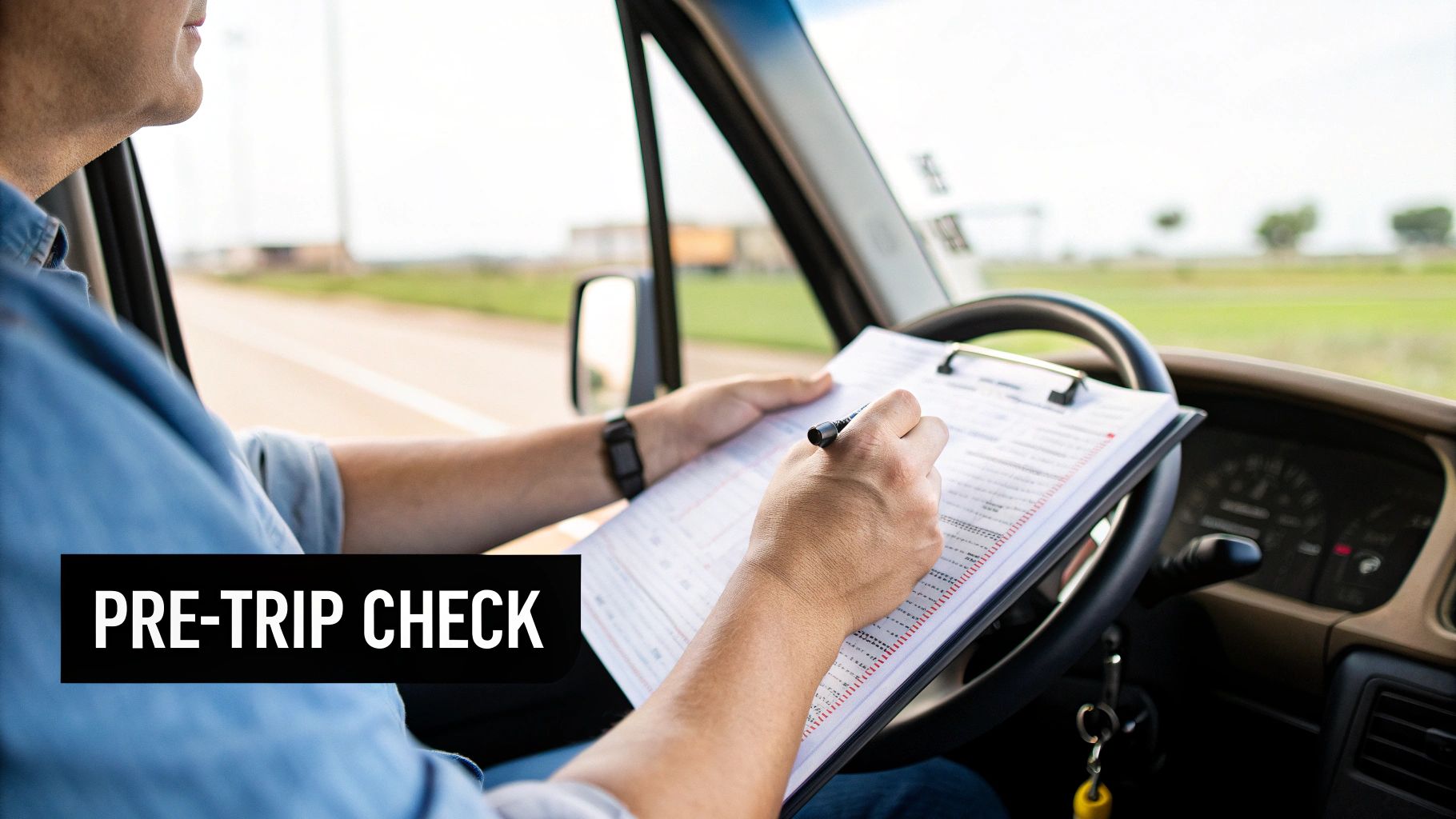 A truck driver performing a pre-trip check, writing on a clipboard inside the cab.