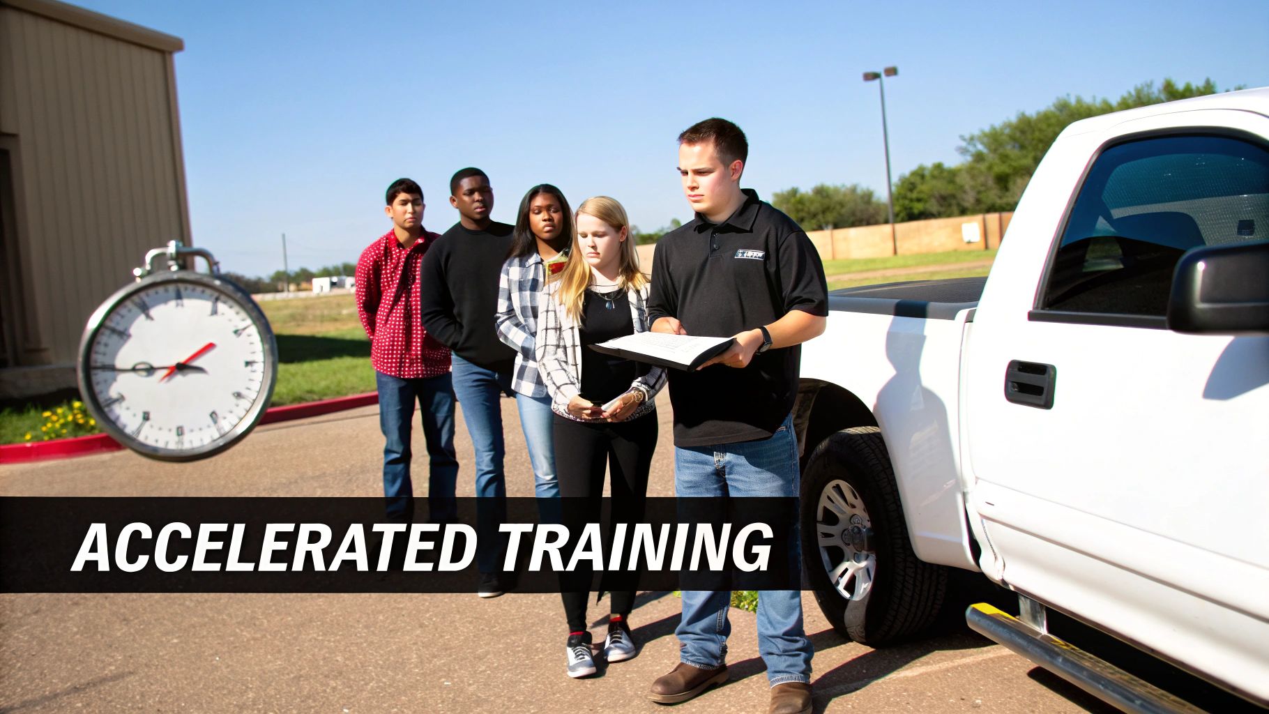 A group of diverse students receiving accelerated training with an instructor next to a truck and a clock.