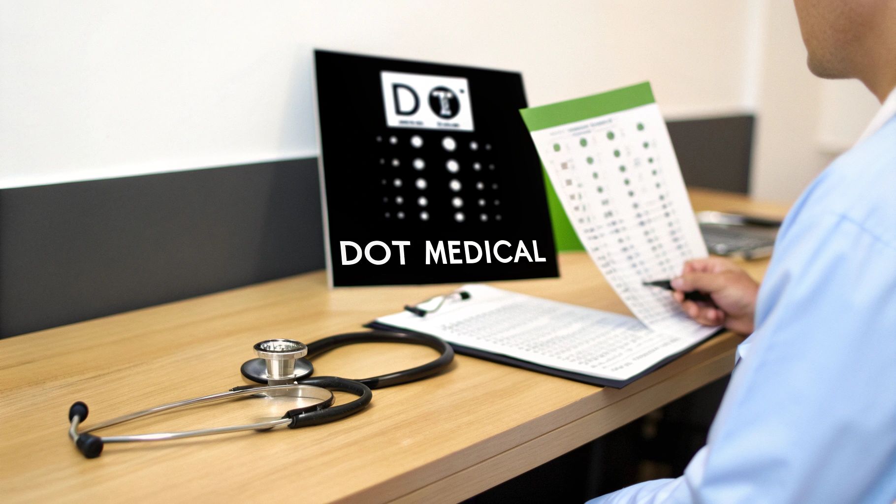A medical professional reviews a chart at a desk with a 'DOT MEDICAL' sign and stethoscope.