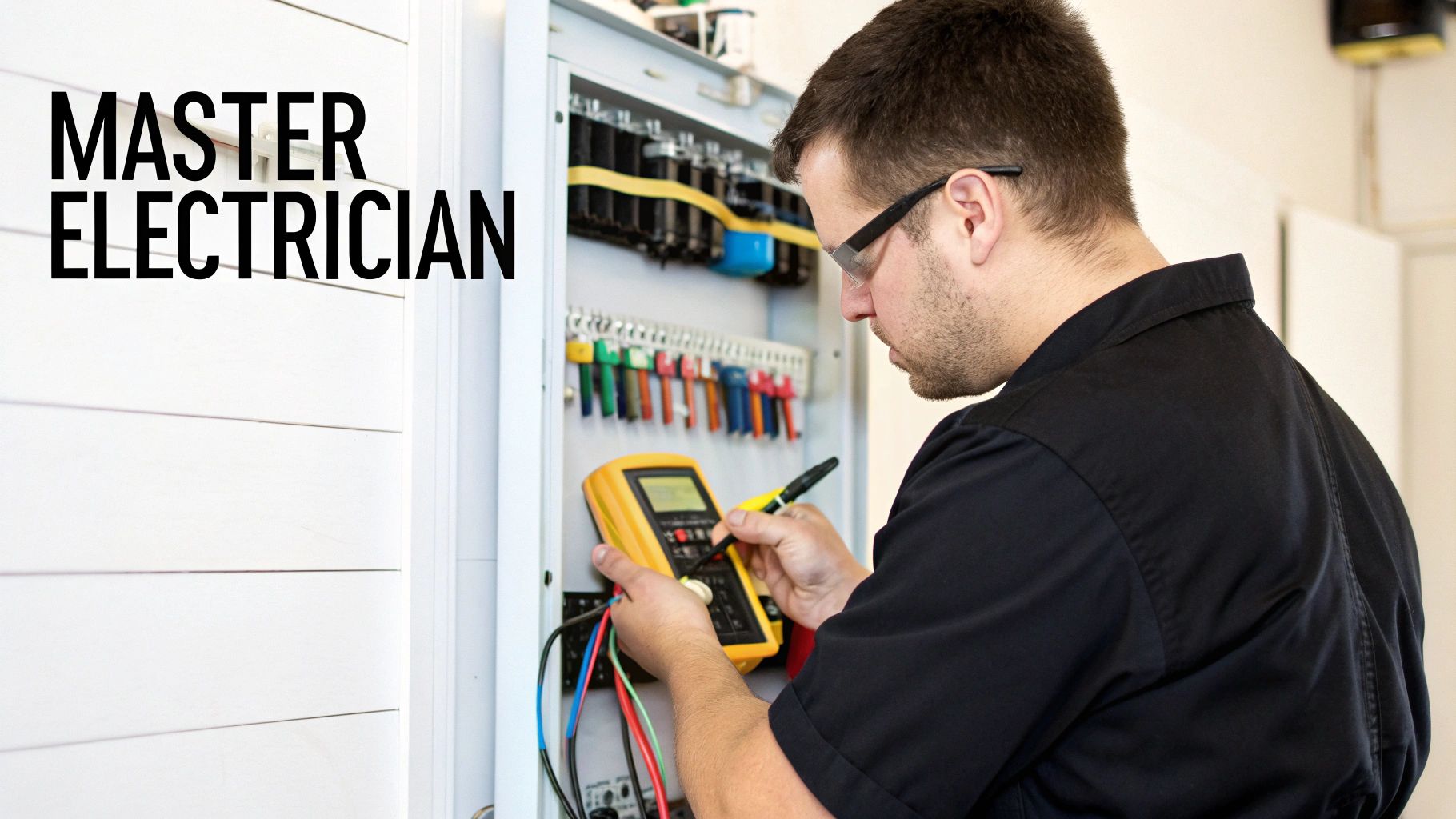 A master electrician wearing safety glasses tests an electrical panel with a multimeter.