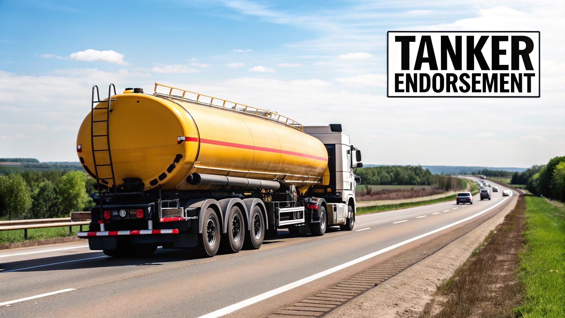 A tanker truck driving on a highway, illustrating the type of vehicle requiring a tanker endorsement.