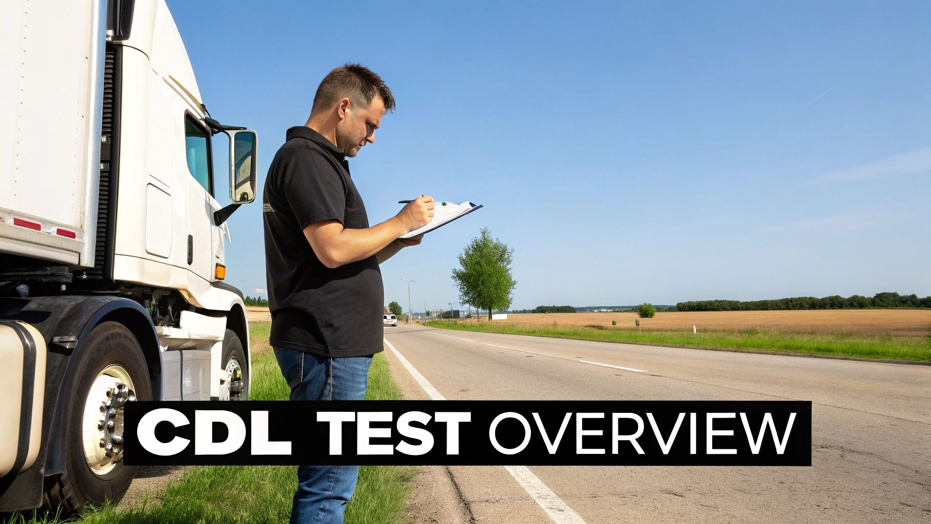 A man performs a pre-trip inspection on a semi-truck for a CDL test overview.