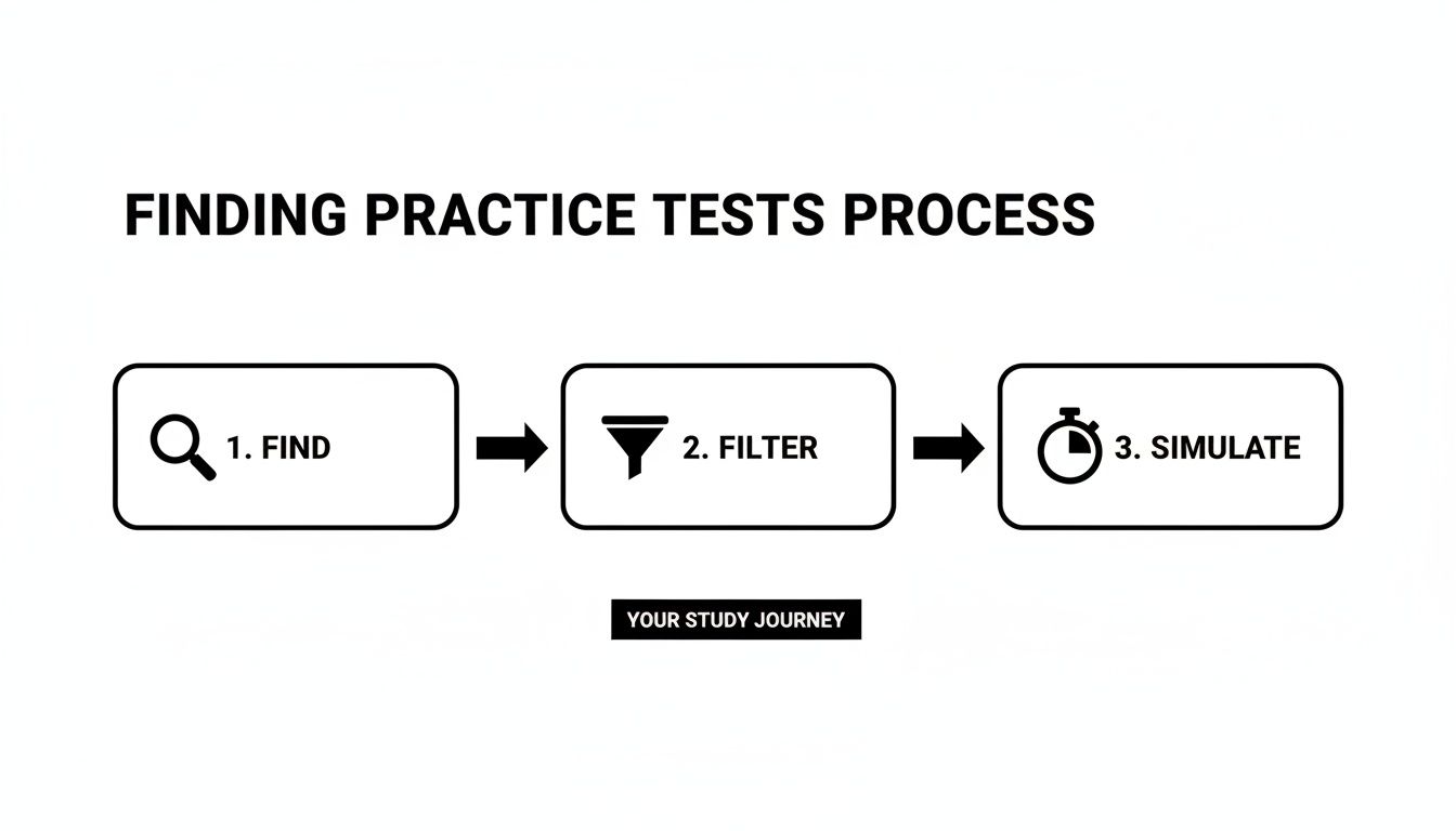 A clear visual flowchart outlining the three-step process to find, filter, and simulate practice tests for effective study.