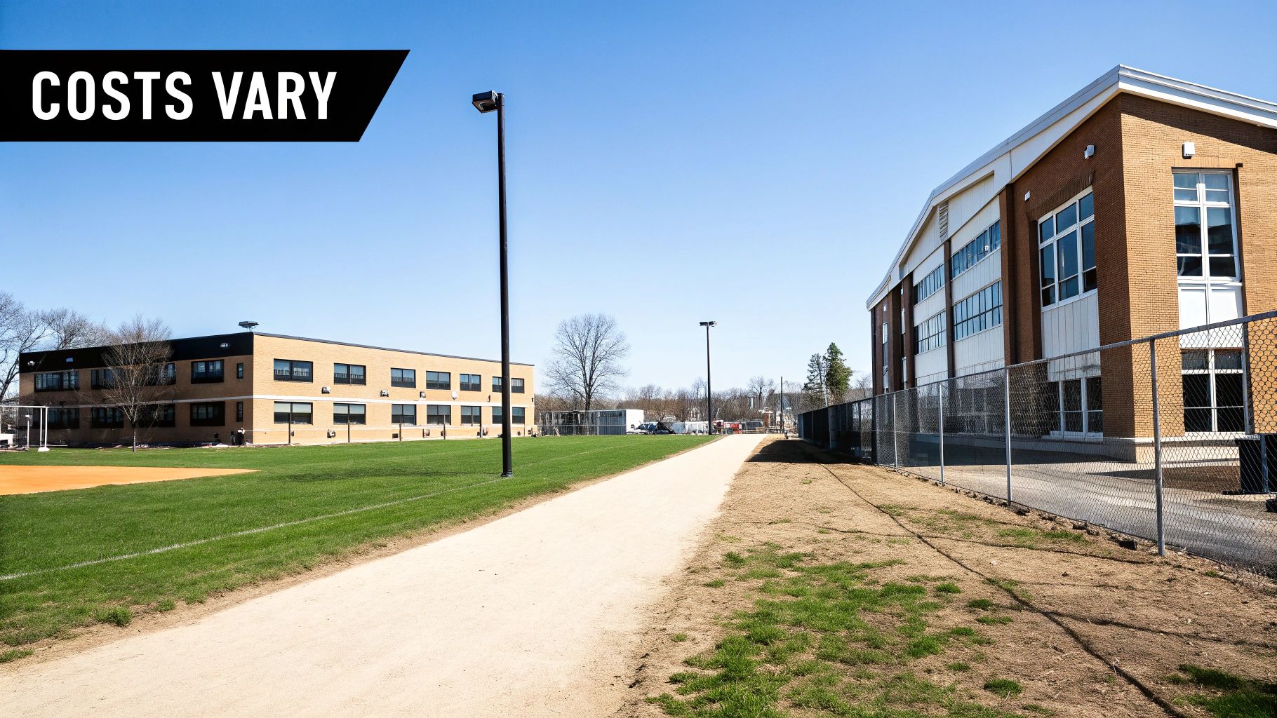 Two school buildings with a baseball field, path, and fences under a clear blue sky.