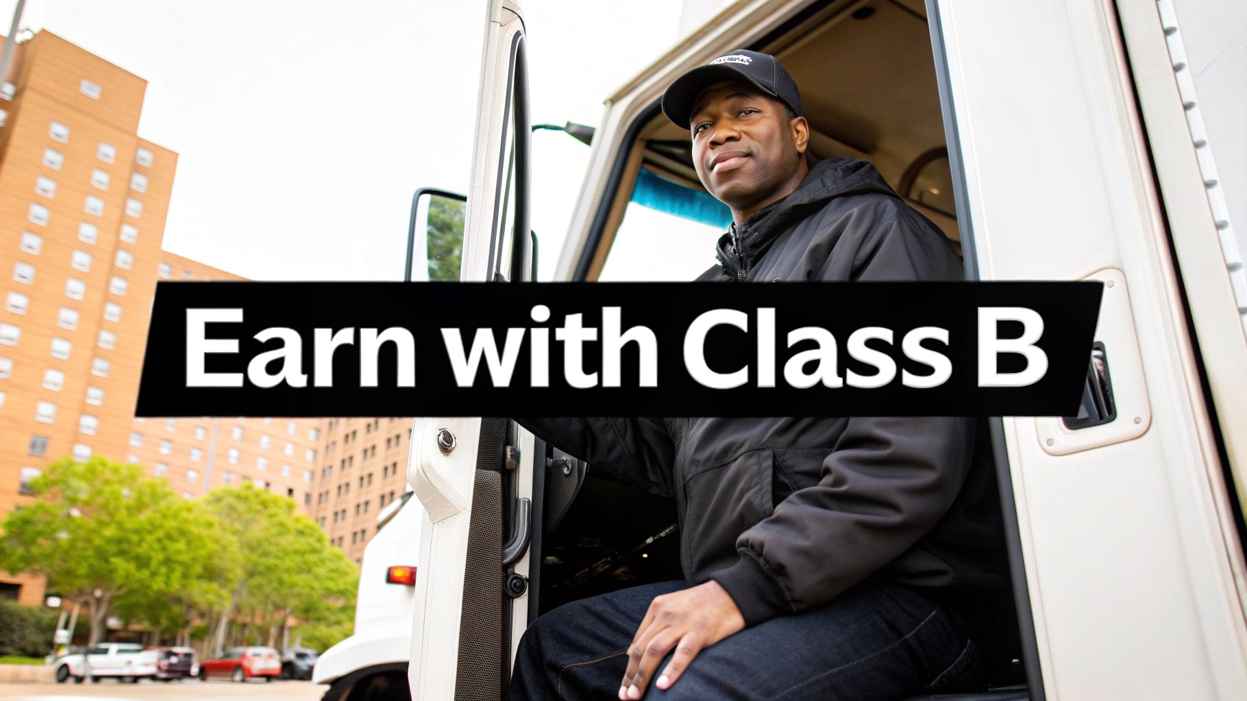 A smiling man in a black jacket and cap sits in a truck. Overlay text: 'Earn with Class B'.