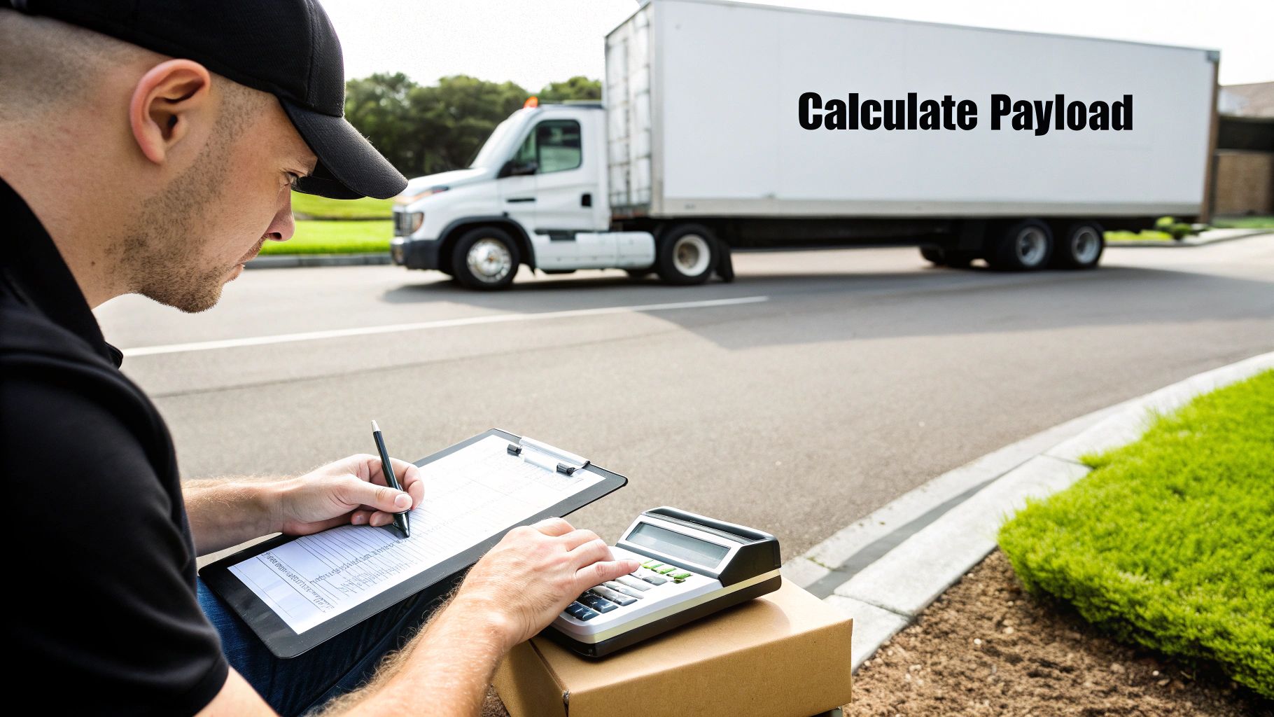 A delivery person calculates payload on a clipboard with a calculator, beside a truck.
