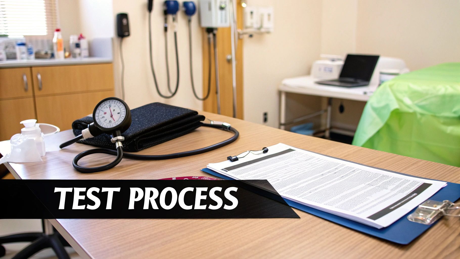 Doctor checking a commercial truck driver's blood pressure during a DOT physical exam