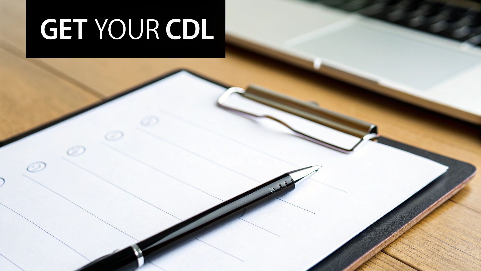 Get Your CDL: Pen on a blank checklist and clipboard with a laptop on a wooden desk.