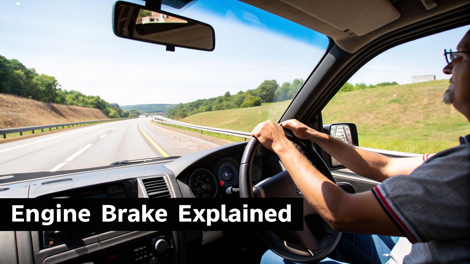 A driver's perspective from inside a car on a highway with 'Engine Brake Explained' text.