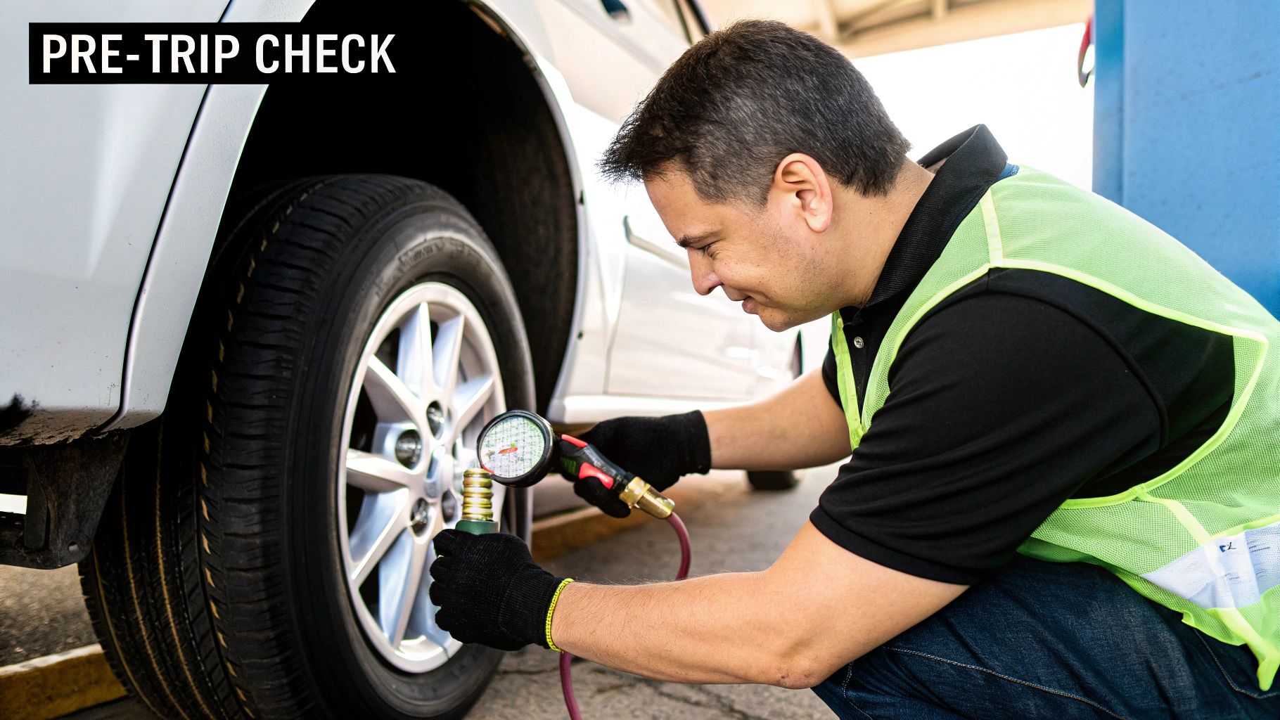 A driver performing a pre-trip inspection on a commercial truck.