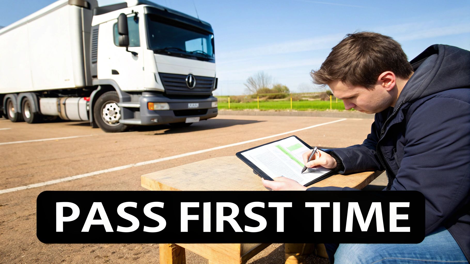 Student taking notes on clipboard during CDL driving test with commercial truck in background