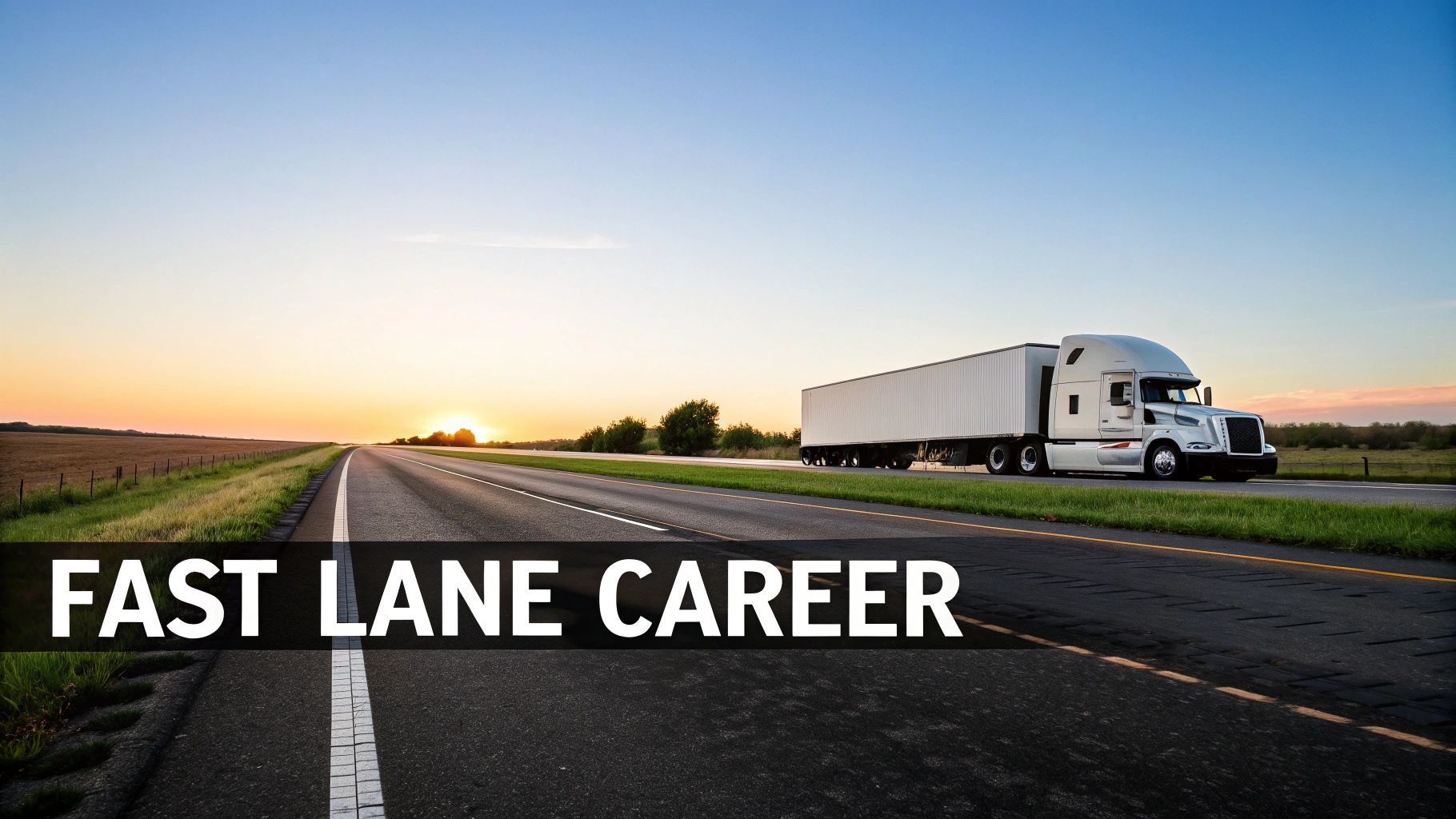 A large white semi-truck drives down a rural highway during a beautiful sunset.