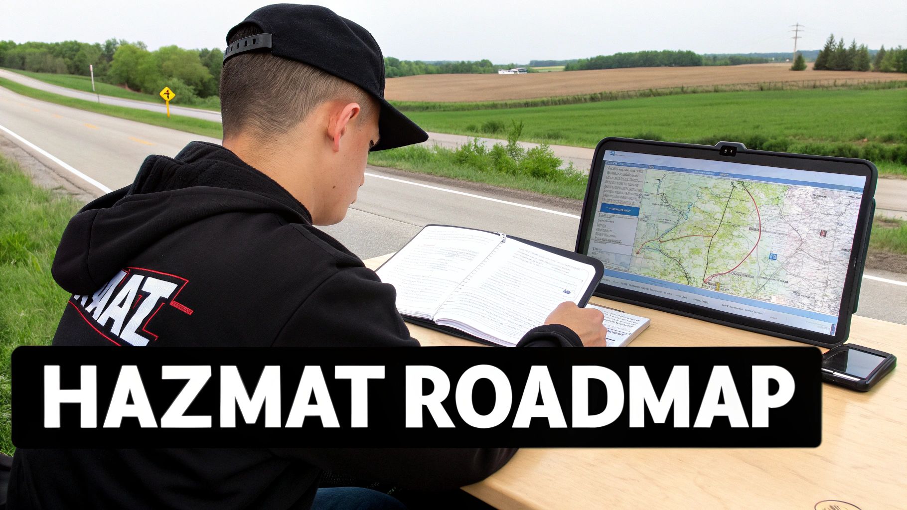 A truck driver reviewing a checklist before starting a trip, symbolizing preparation for the Hazmat endorsement test.