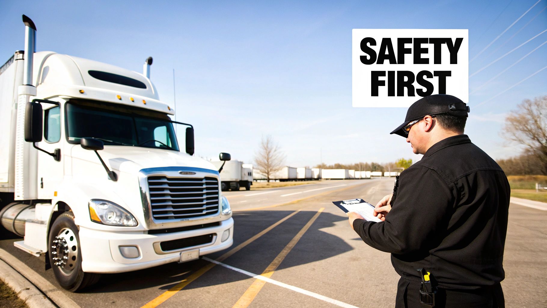 A commercial truck driver inspects the engine compartment of his semi-truck during a pre-trip inspection.