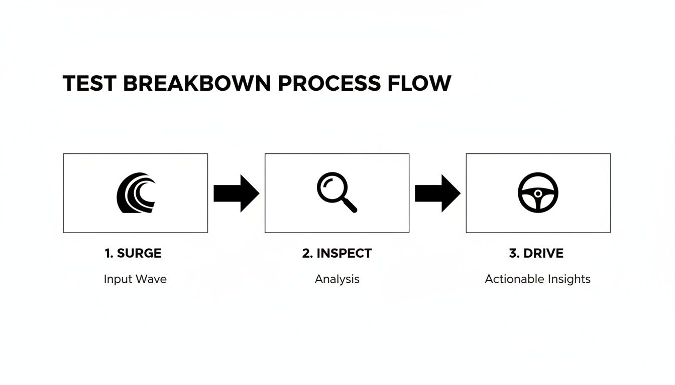 Diagram illustrating a test breakdown process flow with three steps: Surge, Inspect, and Drive, offering actionable insights.