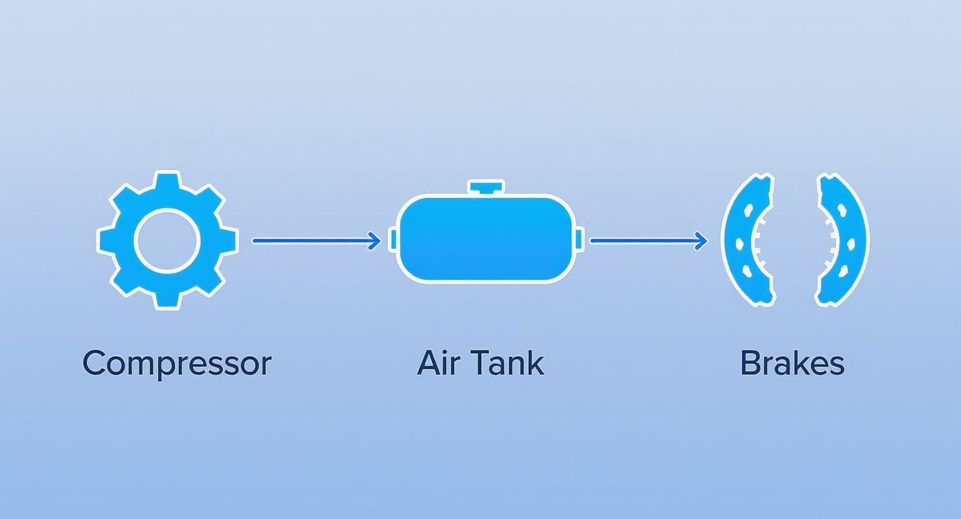 A diagram illustrates an air brake system: a compressor feeds air to an air tank, which then powers the brakes.