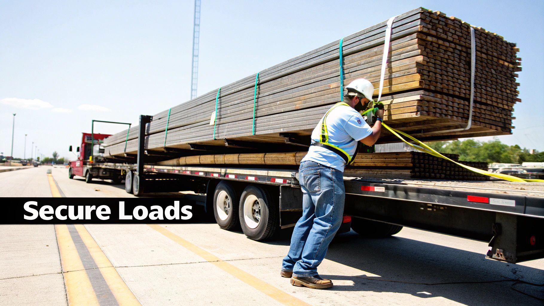 Man in hard hat and safety vest securing a tall stack of wooden planks on a flatbed truck.