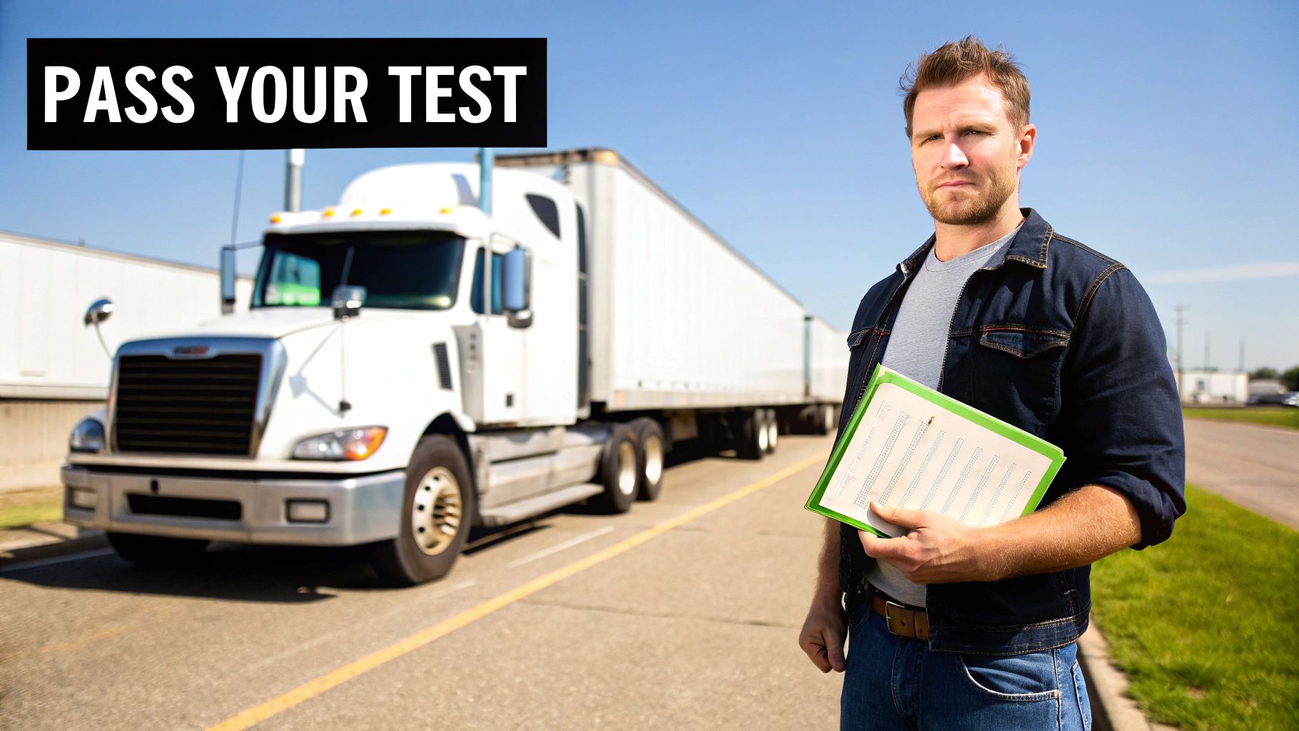A serious man with a clipboard stands before a large white semi-truck, promoting passing a test.