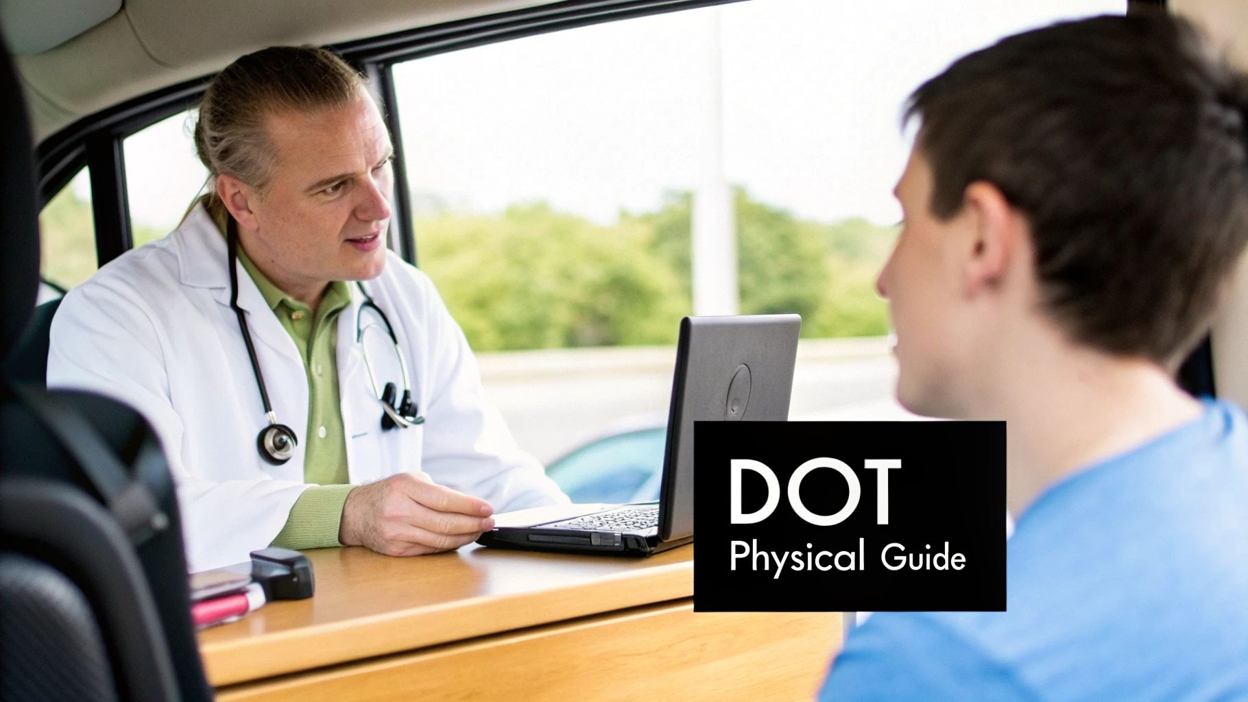 A doctor in a white coat talks to a male patient during a DOT physical exam.