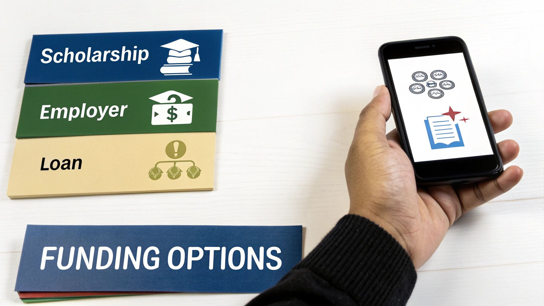 A hand holds a smartphone next to cards listing scholarship, employer, and loan funding options.