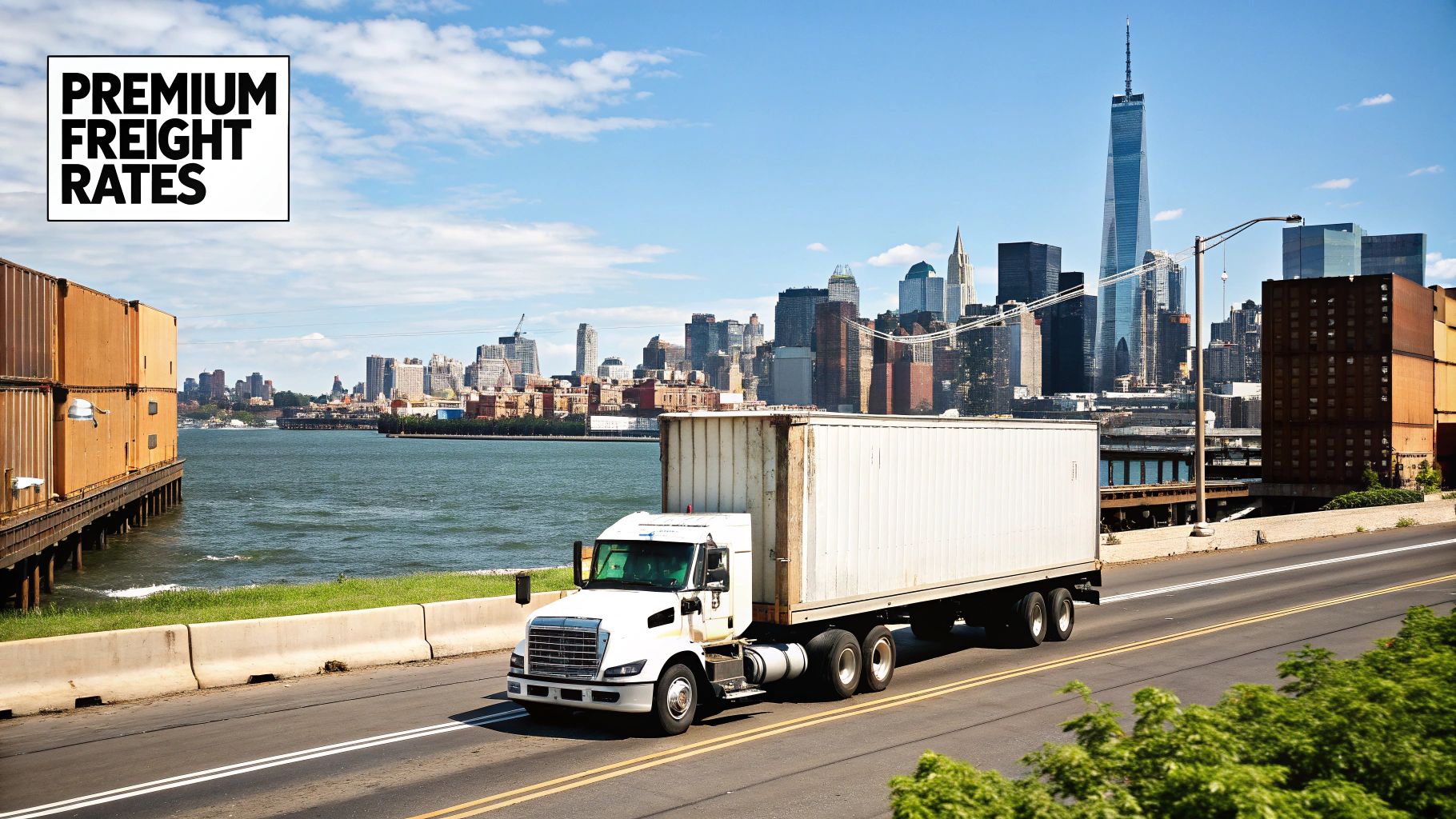 A white semi-truck with a white trailer drives on a road by a city skyline and water.