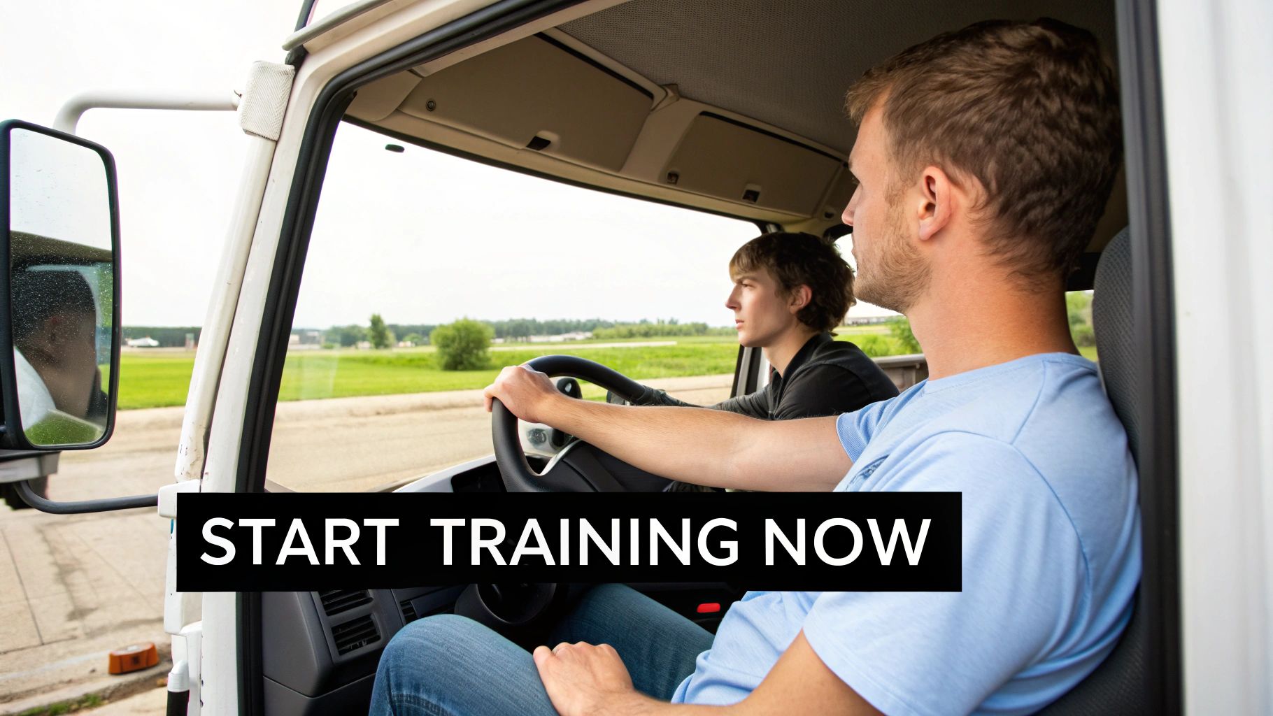 Two men in a truck cabin, one instructing and one learning, with a 'START TRAINING NOW' overlay.