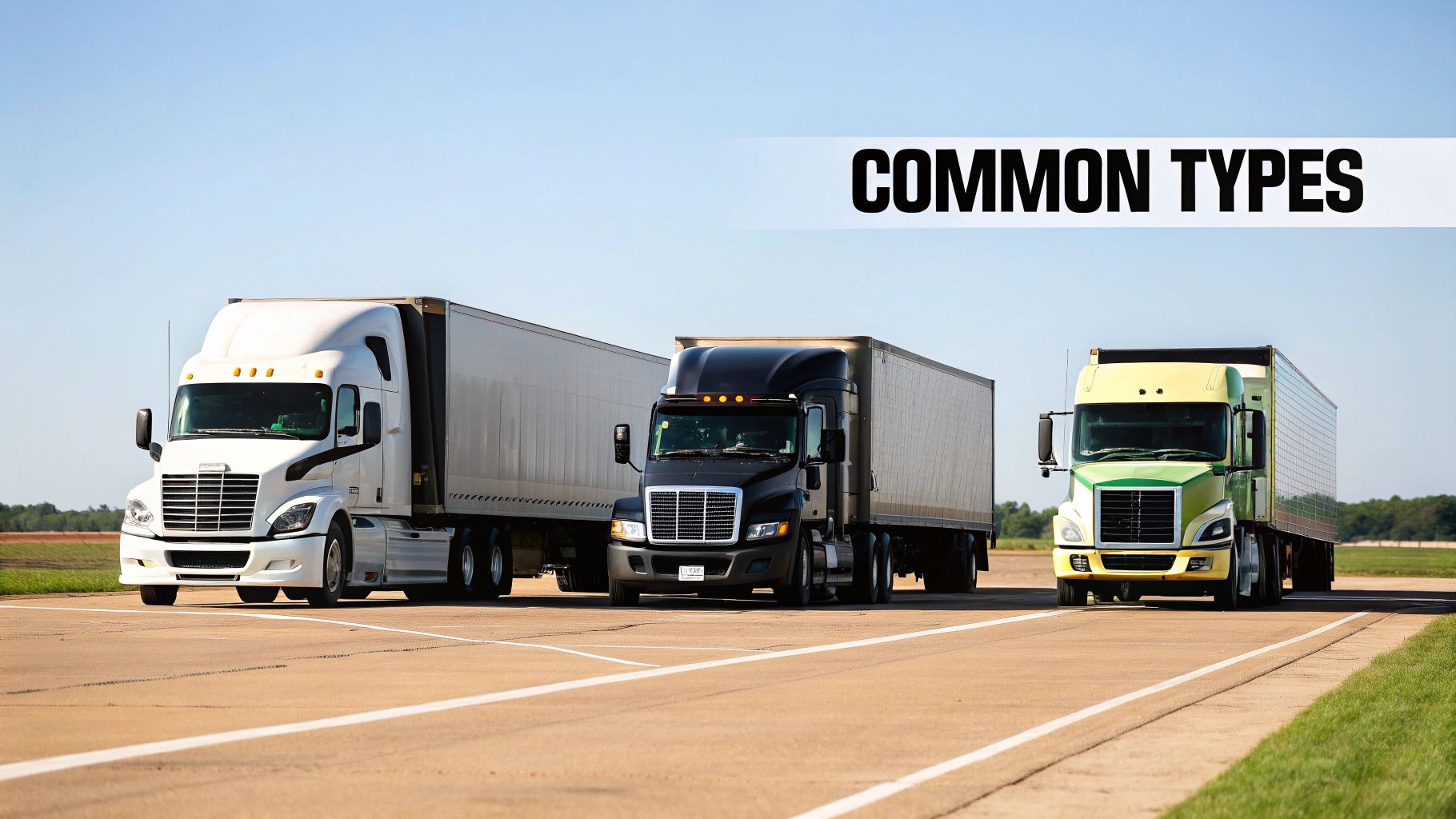 A white tractor-trailer combination vehicle parked at a loading dock at dusk.