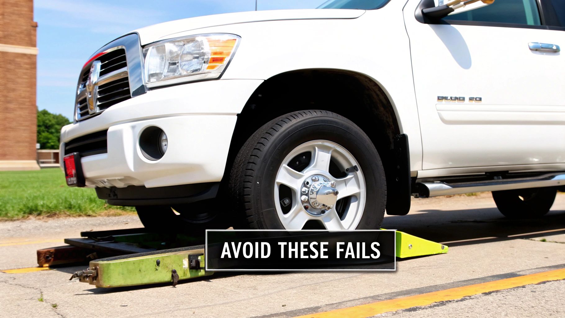 Front wheel of a white pickup truck on a green and yellow vehicle testing platform with text 'AVOID THESE FAILS'.