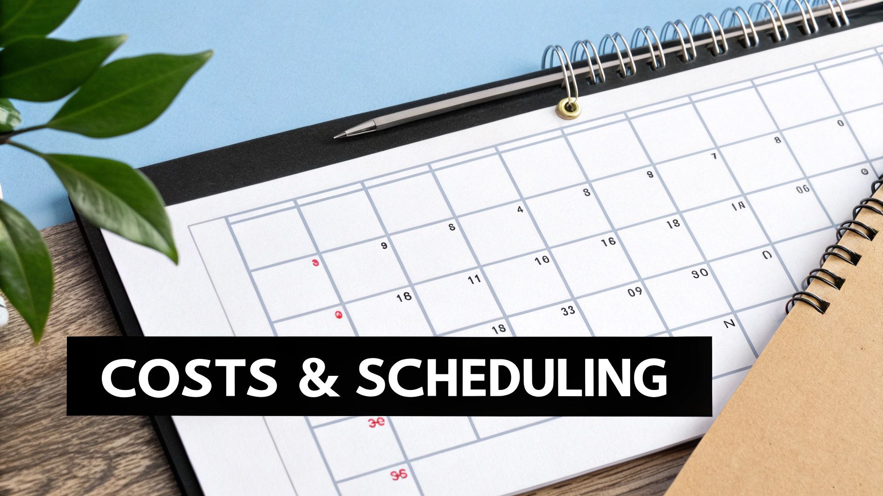 A desk calendar with a pen and a plant, displaying 'COSTS & SCHEDULING' text.