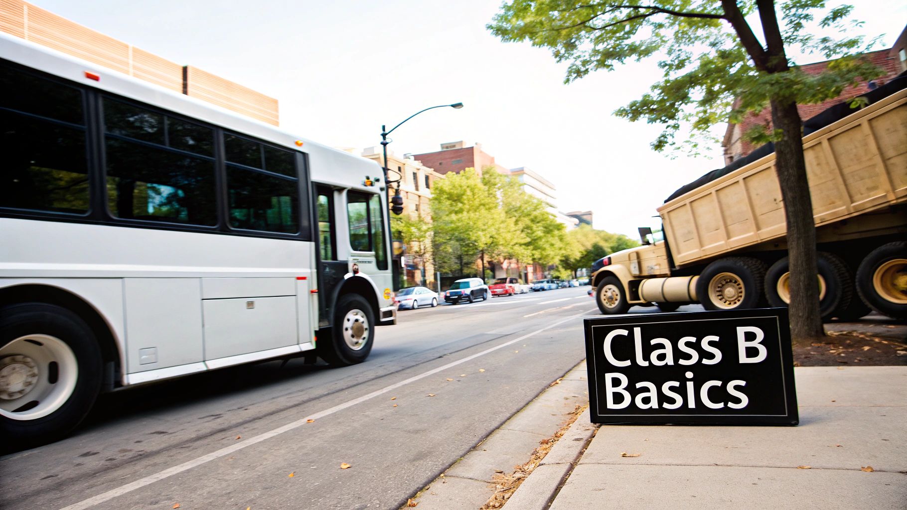 A 'Class B Basics' sign sits on a sidewalk with a bus and dump truck in the background.