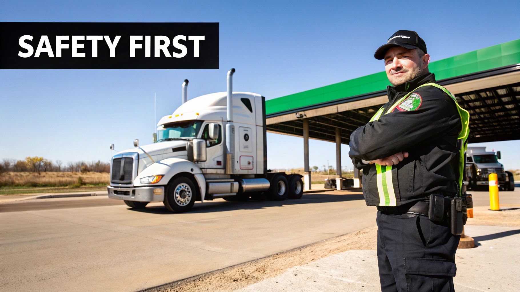 A commercial truck driver confidently checking the air brake gauges inside the cab.