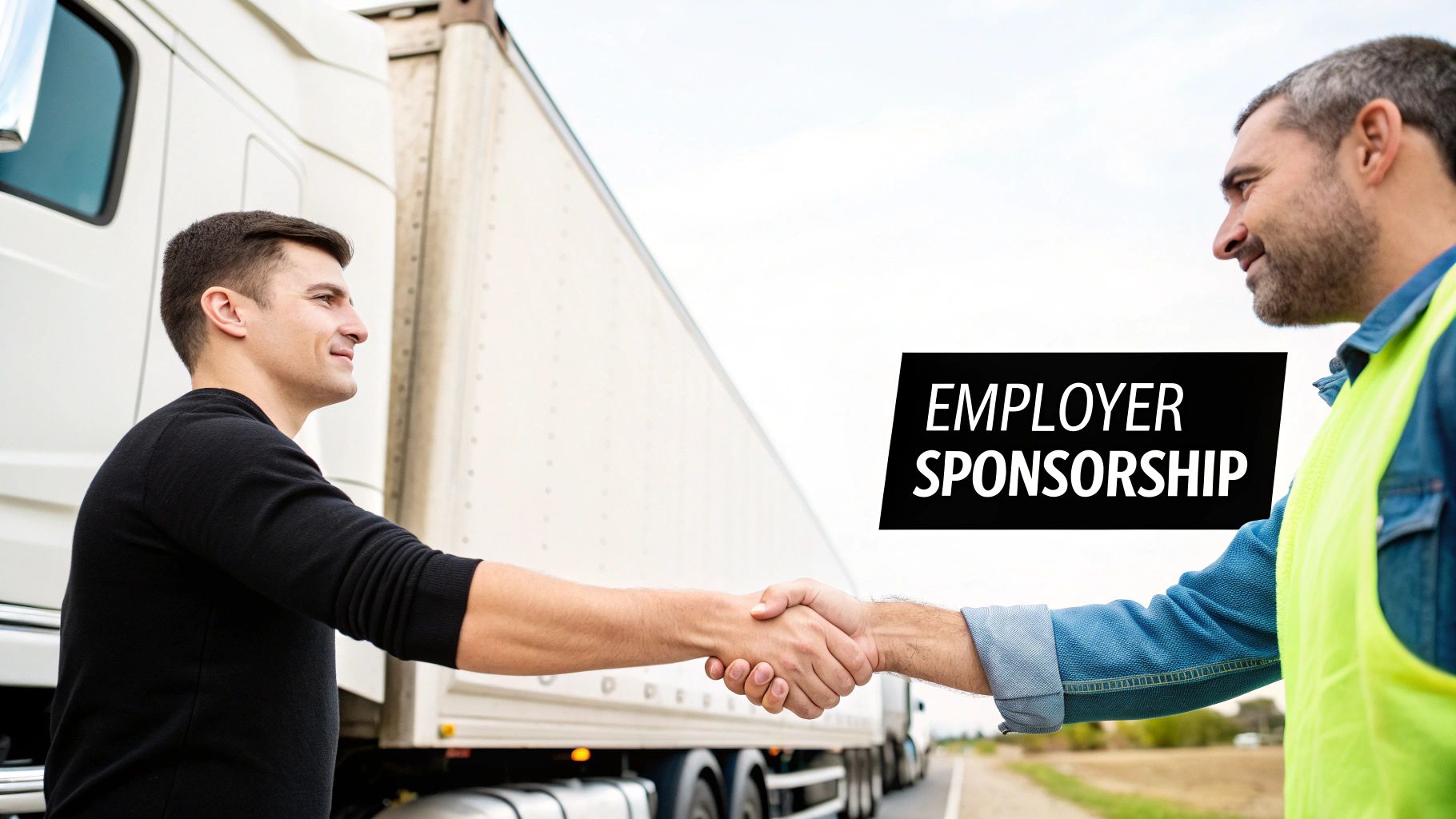 Two men shake hands in front of a large white semi-truck, with 'EMPLOYER SPONSORSHIP' text.