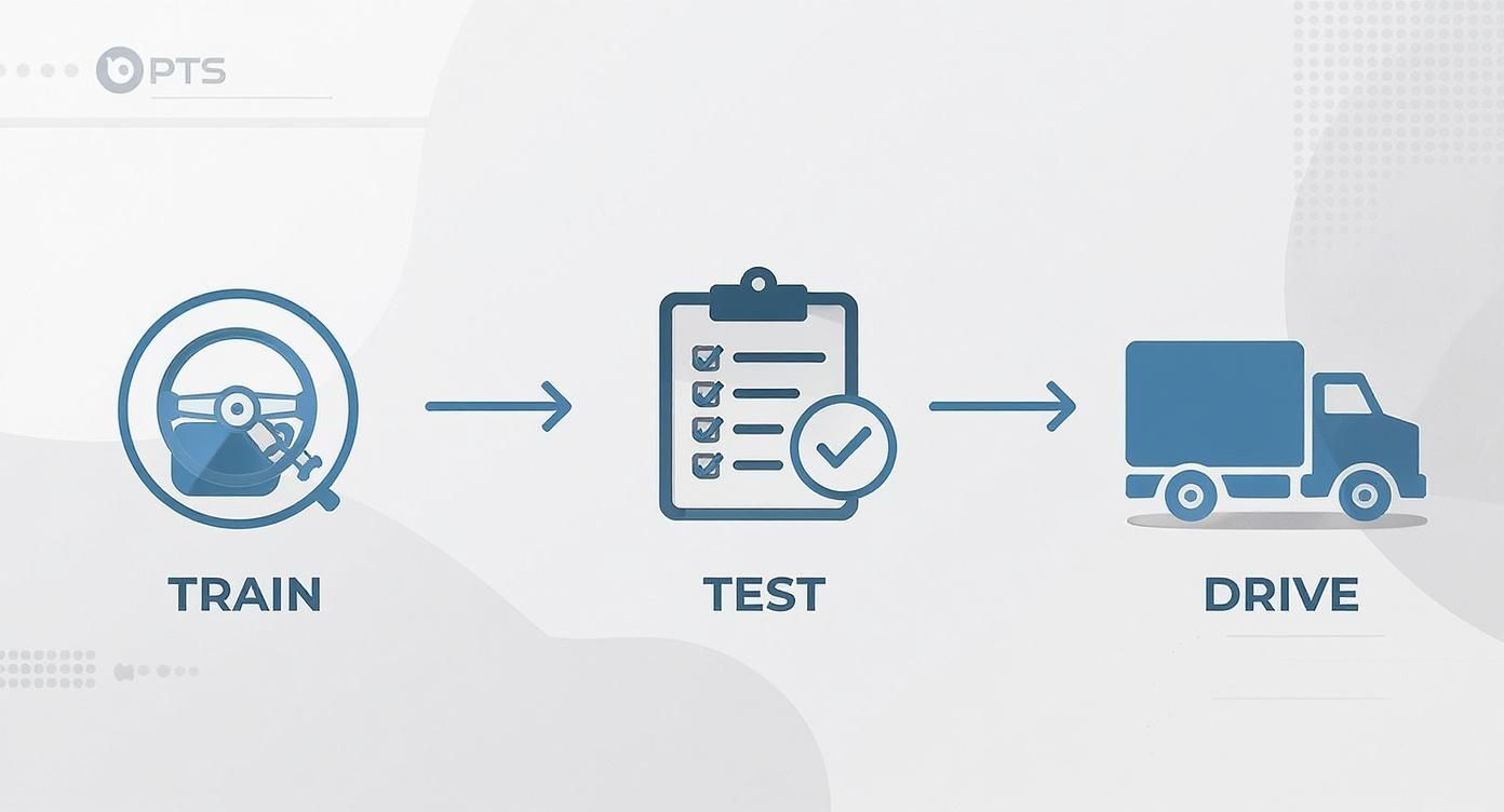 Commercial driver training process showing three steps: train with steering wheel, test with checklist, and drive truck